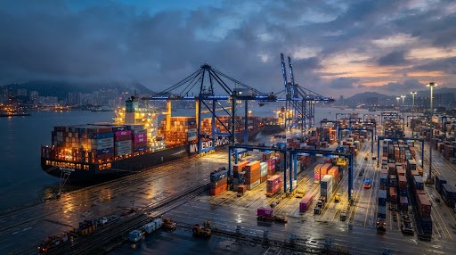 Modern enterprise freight container terminal at twilight dusk